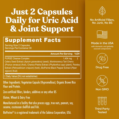 Eu Natural Purge Uric Acid Flush - Eat & Drink What You Want - Uric Acid Support for Joints & Mobility with Celery Seed, Tart Cherry & Chanca Piedra - 60 Vegetarian Capsules