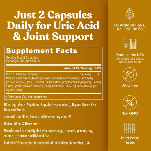 Eu Natural Purge Uric Acid Flush - Eat & Drink What You Want - Uric Acid Support for Joints & Mobility with Celery Seed, Tart Cherry & Chanca Piedra - 60 Vegetarian Capsules